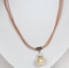 Wholesale Light Yellow Color Potato Shape Sea Shell Beads Pendant Leather Necklace
