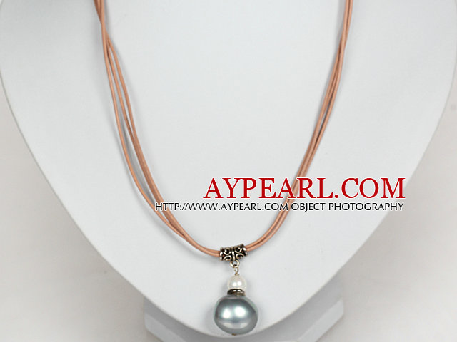 Gray Color Potato Shape Sea Shell Beads Pendant Leather Necklace