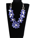Marvelous Beautiful Natural White Pearl Blue Shell Flower Statement Party Necklace