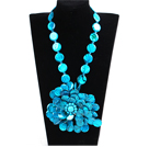 Gorgeous Beautiful Blue Series Painted Shell Flower Statement Party Necklace