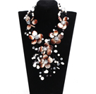 Gorgeous Beautiful Brown & White Pearl Crystal Shell Flower Statement Party Necklace