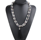 Fashion Hot Sale Potato Shape Natural White Gray Black Pearl Long Necklace with Suede Leather Tassel (Tassel Can Be Removed)