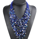 Luxurious Statement 15 Layers Deep Blue Series Crystal Pearl Party Necklace