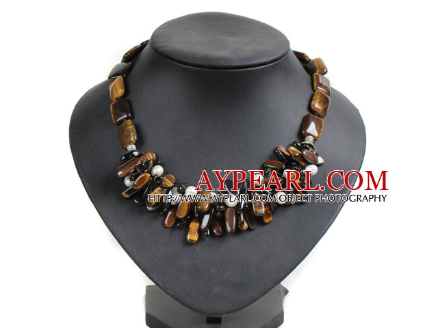 Vintage Style Natural White Freshwater Pearl Teeth & Square Shape Tiger Eye Stone Smoky Quartz Chunky Necklace