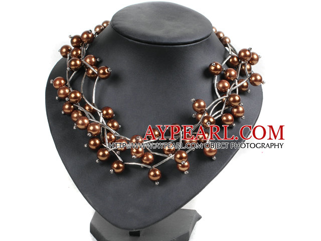 Trendy Style Multi Strand Brown Seashell Beads Twisted Necklace With Bending Alloyed Tube