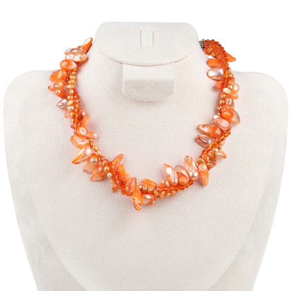 Crystal shaped orange pearl necklace