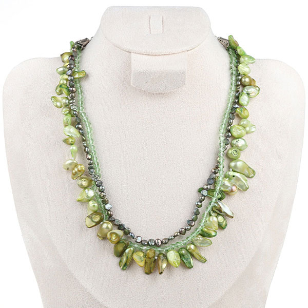 Crystal shaped light green pearl necklace