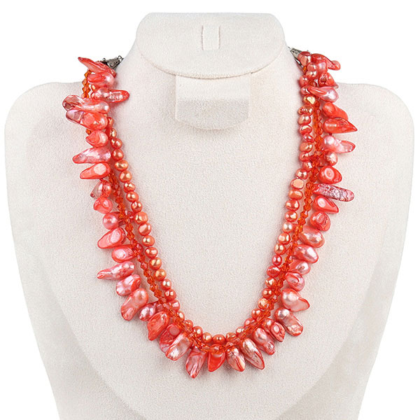 Crystal shaped bright orange pearl necklace