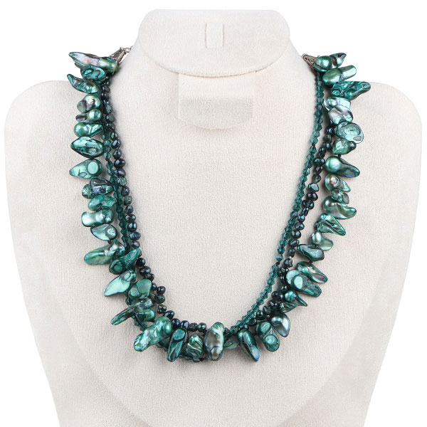 Crystal shaped dark green pearl necklace