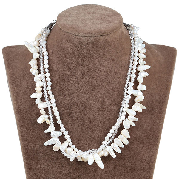 Crystal shaped white pearl necklace