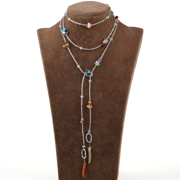 Multi gemstone shell crystal long chain necklace