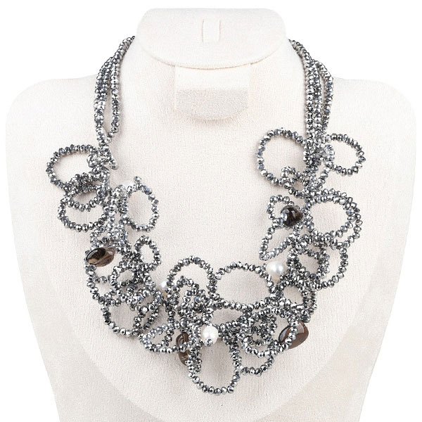 Wholesale Electroplated silver crystal, pearl, tea crystal gorgeous necklace