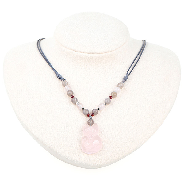 Grey Agate Pink Crystal Fox Necklace