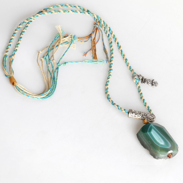 Vintage green agate rough stone pendant necklace