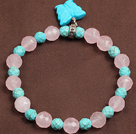 Summer Beach Jewelry Faceted Turquoise Rose Quartz Beads Elastic/ Stretch Bracelet With Butterfly Charm