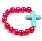 Wholesale Simple Style Single Strand Rose Red Agate Beads Stretch / Elastic Bracelet With Blue Turquoise Cross Charm