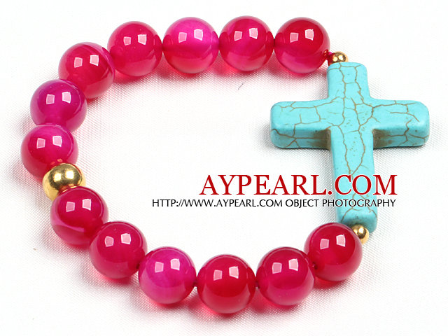 Simple Style Single Strand Rose Red Agate Beads Stretch / Elastic Bracelet With Blue Turquoise Cross Charm
