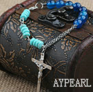 Assorted Blue Agate and Turquoise Bracelet with Metal Chain and Cross Pendant
