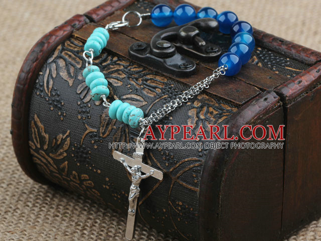 Assorted Blue Agate and Turquoise Bracelet with Metal Chain and Cross Pendant