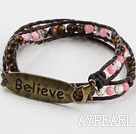Assorted Clear Crystal and Tiger Eye and Pink Coral Woven Wrap Friendship Bracelet with Bronze Accessory