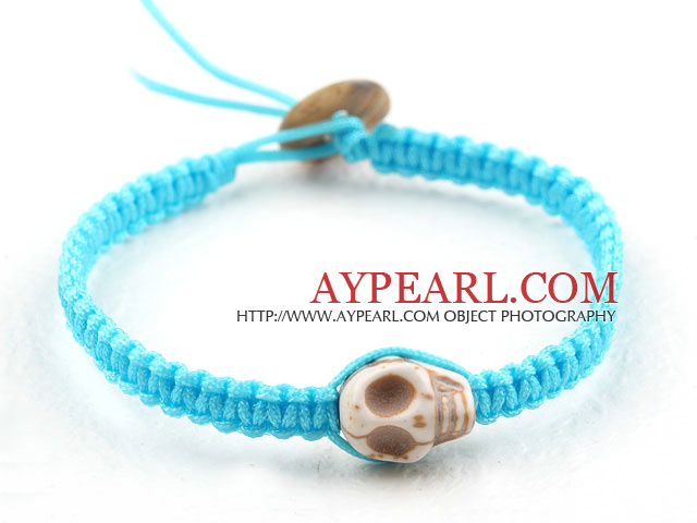 6 Pieces Fashion Style Howlite Skull Woven Halloween Bracelet with Sky Blue Thread