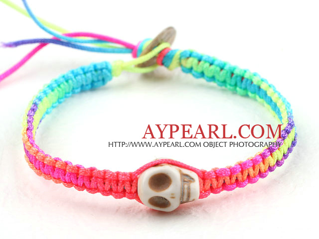 6 Pieces Fashion Style Howlite Skull Woven Halloween Bracelet with Multi Color Thread