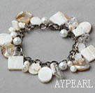 White Series White Freshwater Pearl Shell and Clear Crystal Bracelet with Metal Chain