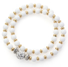 Double Rows White Porcelain Stone and Golden Color Beads Stretch Bangle Bracelet with White Rhinestone Ball