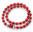 Double Rows Red Alaqueca Beads and Golden Color Beads Stretch Bangle Bracelet with Red Rhinestone Ball