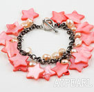 Pink Series Pink Freshwater Pearl Shell and Crystal Bracelet with Metal Chain