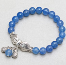 8mm Round Blue Agate Stretch Bangle Bracelet with Two Fish Accessories