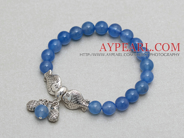 8mm Round Blue Agate Stretch Bangle Bracelet with Two Fish Accessories