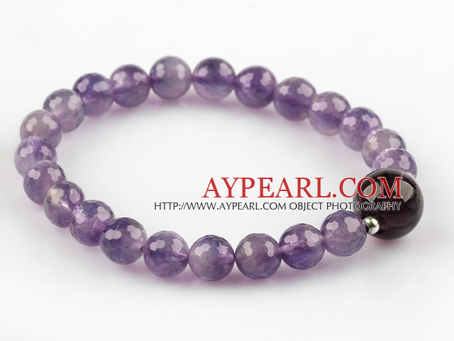 Facted Round Amethyst and Smoky Quartz Stretch Bangle Bracelet