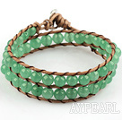 6mm Round Aventurine Wrap Bangle Bracelet with Leather Cord with Metal Clasp