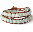 6mm Round Amazon Stone Wrap Bangle Bracelet with Leather Cord with Metal Clasp