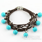 Wholesale Lovely Style Multi Strands Round Blue Turquoise and Garnet Leather Bracelet