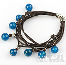 Wholesale Lovely Style Multi Strands Round Blue Agate and Garnet Leather Bracelet