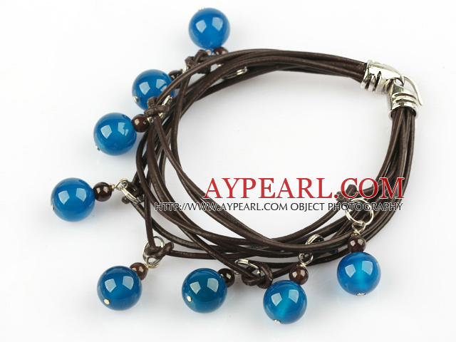 Lovely Style Multi Strands Round Blue Agate and Garnet Leather Bracelet