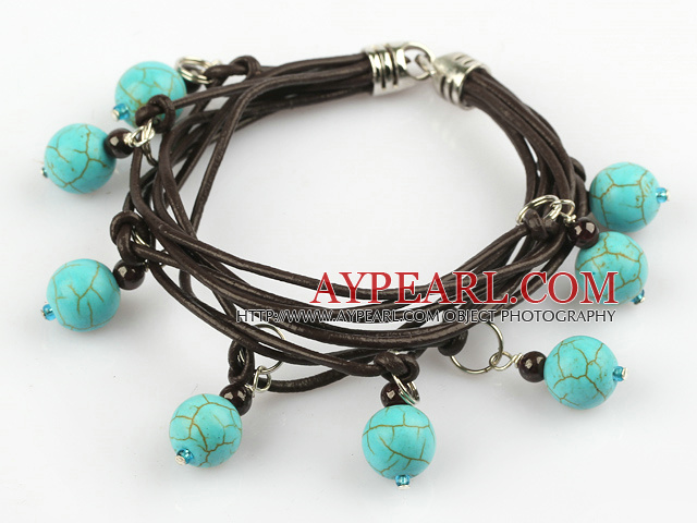 Lovely Style Multi Strands Round Burst Pattern Turquoise and Garnet Leather Bracelet