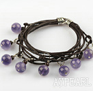 Wholesale Lovely Style Multi Strands Round Amethyst and Garnet Leather Bracelet