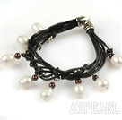 Wholesale Lovely Style Multi Strands White Freshwater Pearl and Garnet Leather Bracelet