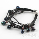 Lovely Style Multi Strands Black Freshwater Pearl and Garnet Leather Bracelet
