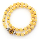 Wholesale Double Rows Yellow Jade and Golden Color Beads Stretch Bangle Bracelet with Yellow Rhinestone Ball