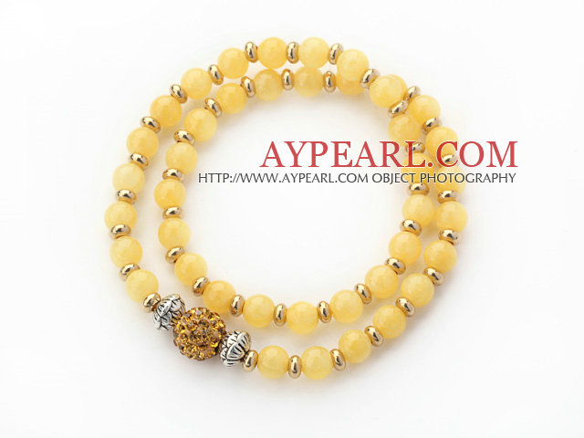 Double Rows Yellow Jade and Golden Color Beads Stretch Bangle Bracelet with Yellow Rhinestone Ball