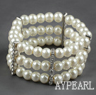 Three Rows 8mm Round White Shell Beads and Rhinestone Stretch Bangle Bracelet