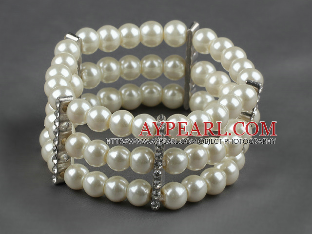 Three Rows 8mm Round White Shell Beads and Rhinestone Stretch Bangle Bracelet