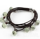 Wholesale Multi Strands Green Rutilated Quartz and Garnet Bracelet with Leather Cord