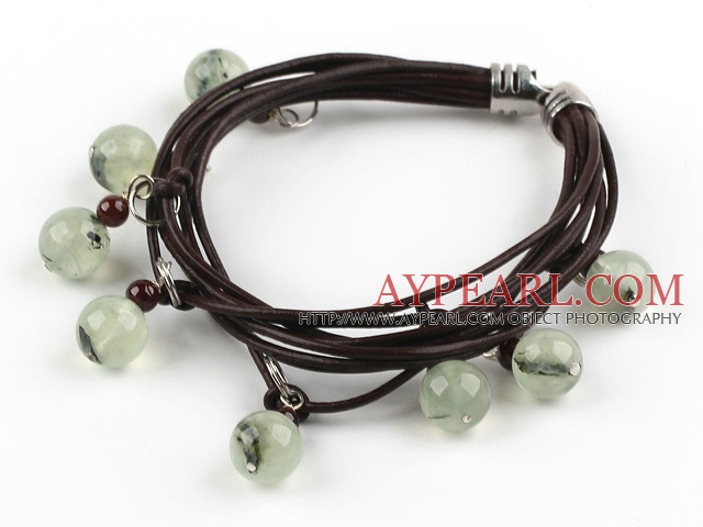Multi Strands Green Rutilated Quartz and Garnet Bracelet with Leather Cord