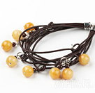 Wholesale Multi Strand Old Yellow Jade and Garnet Bracelet with Leather Cord
