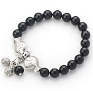 8mm Round Black Agate Stretch Bangle Bracelet with Tibet Silver Fish Accessories